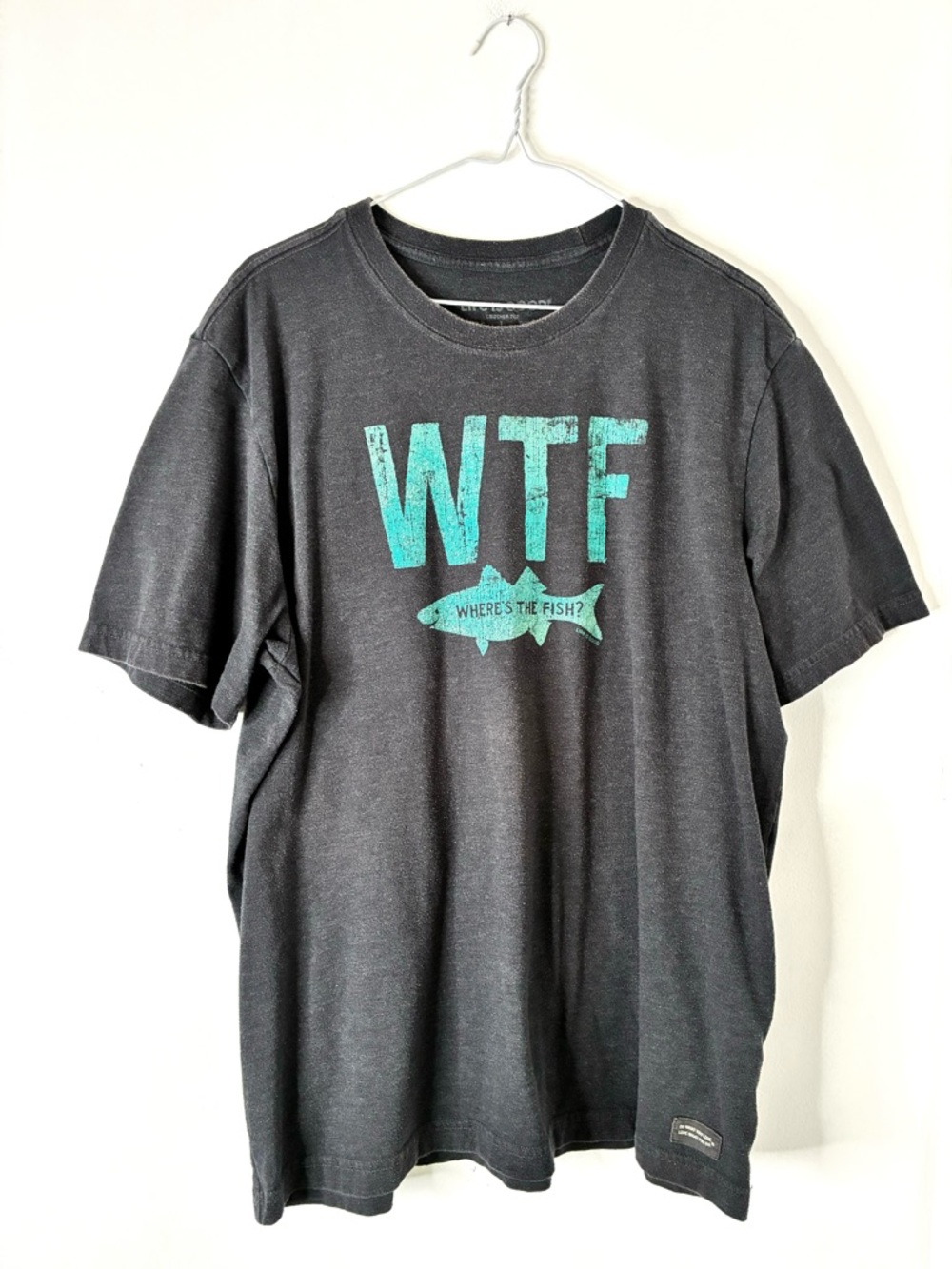 Life Is Good Crusher Tee Dark Grey WTF Where’s The Fish Graphic Fishing Shirt